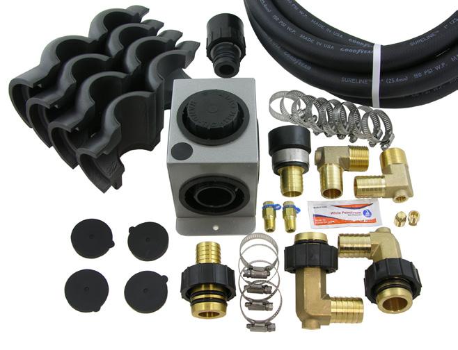 Kit included 2 brass elbow adapters with P/T plugs for unit connection, 12 reinforced 1 rubber hose for unit to flow center, 3 way valve for service, two 1 GL x 1 hose barb elbows for flow center