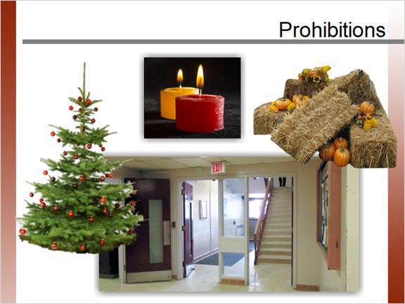 1.15 Prohibitions Notes: To protect the safety of all staff and building occupants the following prohibitions have been established: No real Christmas trees No burning of