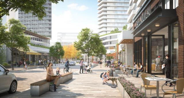 pedestrian spine is envisioned that runs parallel to Don Mills Road, beginning at a plaza at the corner of Don Mills and Eglinton.