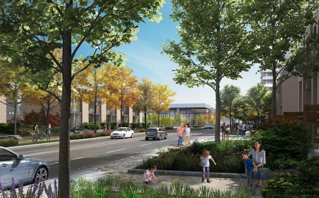 Rendering of Wynford Drive, image courtesy of Diamond Corp, Lifetime Developments, and Context Developments.