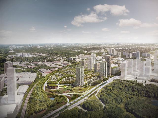Rendering of Wynford Green looking northeast, image courtesy of Diamond Corp, Lifetime Developments, and Context Developments.