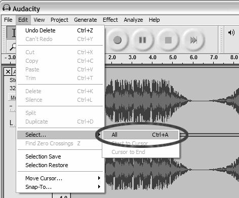 (See Figure 2) Figure 2: Recording Sample Adjusting Your Audio Level (Optional) 1. Select your entire recording by selecting Edit, then Select, then click All.