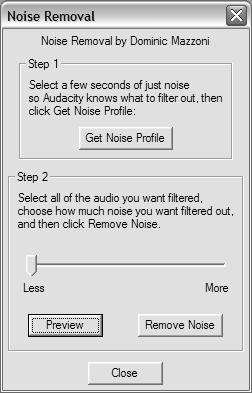 Removal window. (See Figure 7) 3. Click Get Noise Profile. The Noise Removal window will now close automatically. 4. Select the entire track of audio you wish to remove noise from.