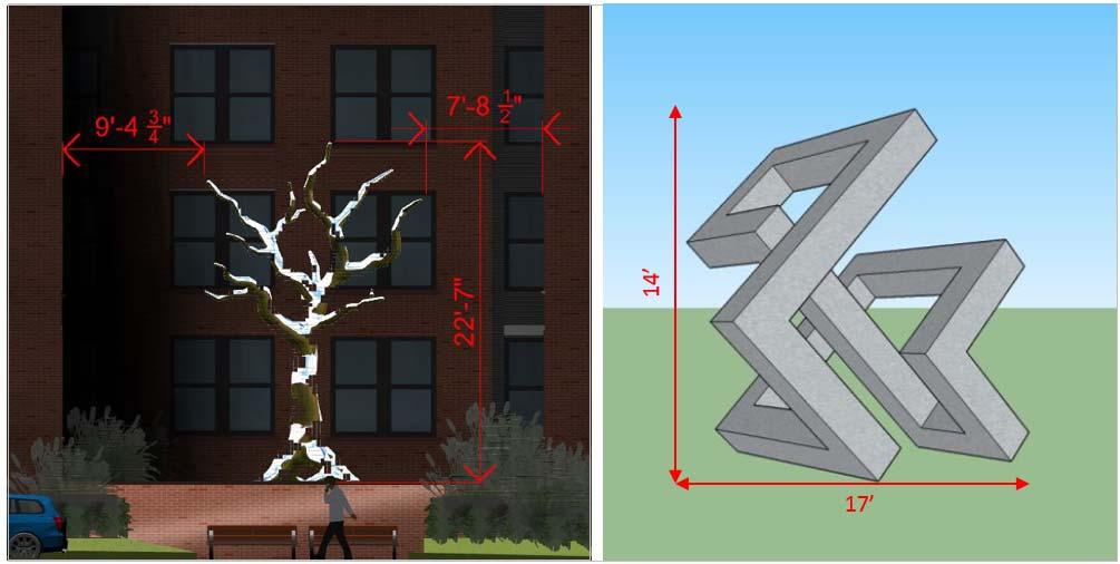 Figure 12 Proposed Public Art (Tree left; Synergy, right) Circulation Vehicular access to the Property is proposed directly from Moorland Lane through a consolidated garage access point and loading