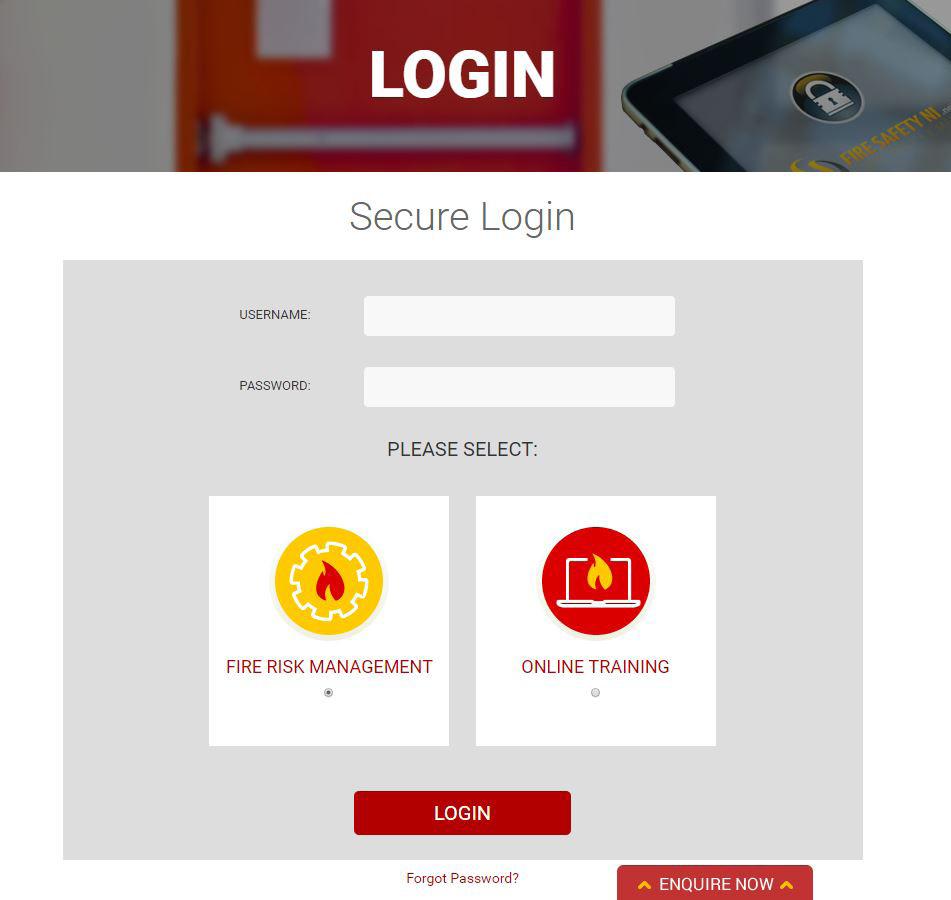Enter assigned username and password. Then click on the login bar to access your Fire Risk Management system.