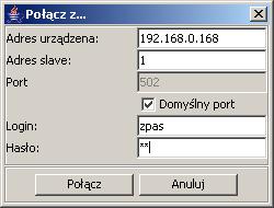4.2.3. Dialog box Połącz z Fig. 6. The Connect with controller window. Adres urządzenia : IP address or domain name assigned to the controller.