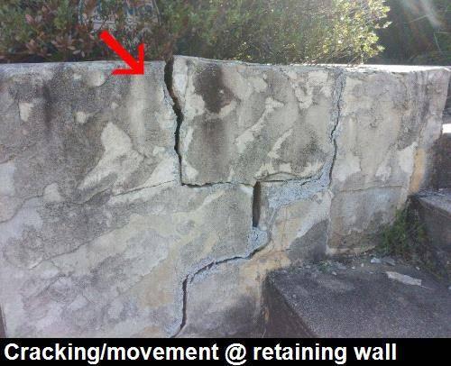 Cracking and displacement was noted to the front retaining wall. Some future movement may occur. No repairs are needed at this time. Grading & Surface Drainage: Description: Gentle slope.