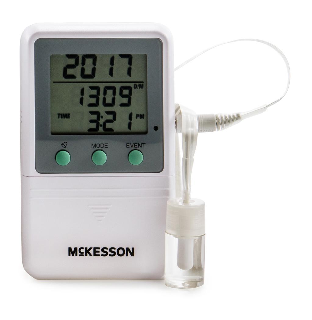 The McKesson triple display digital thermometer simultaneously shows the current, minimum and maximum temperatures and updates continuously.