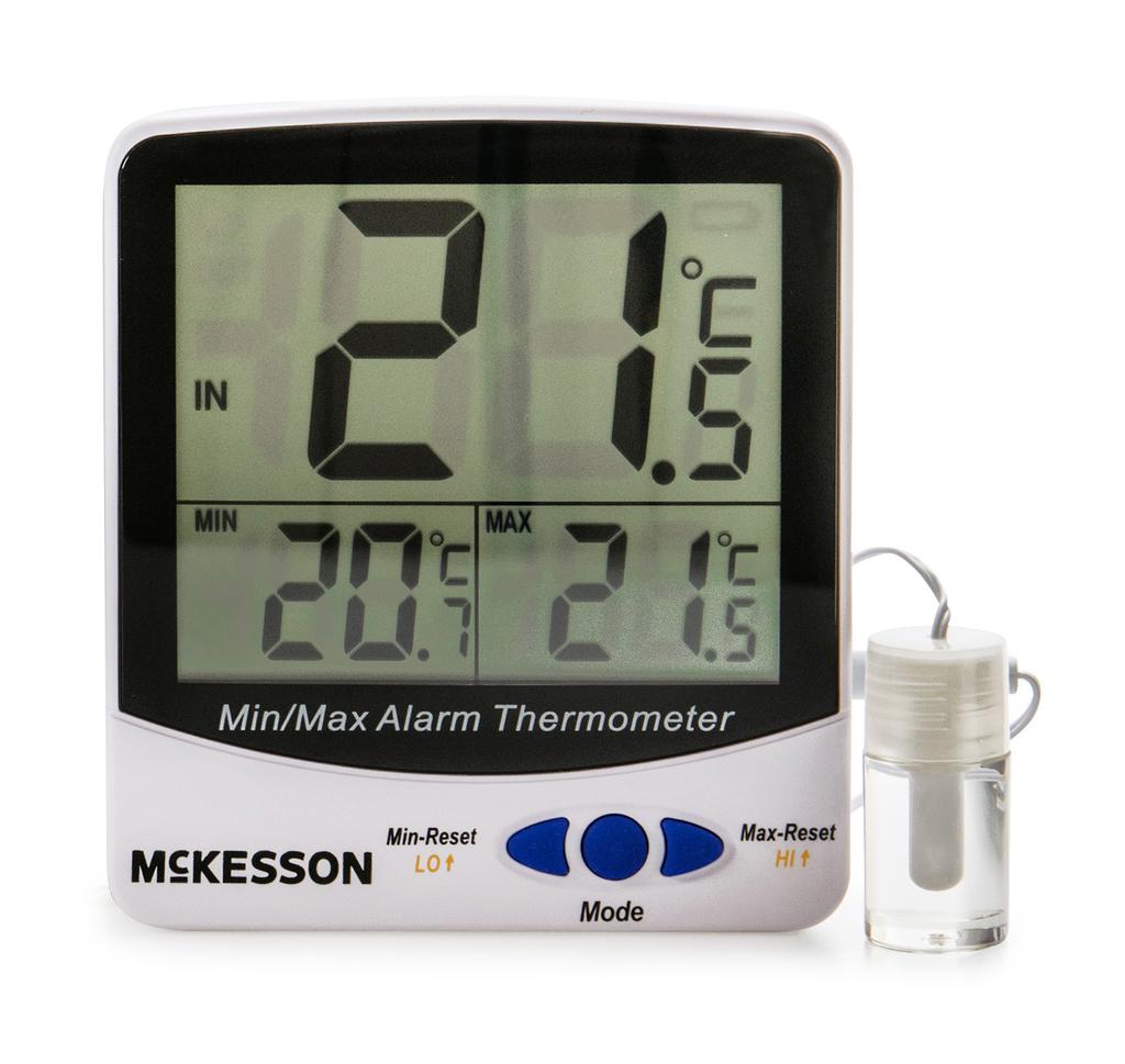 The McKesson triple display digital thermometer simultaneously shows the current, minimum and maximum temperatures and updates continuously.