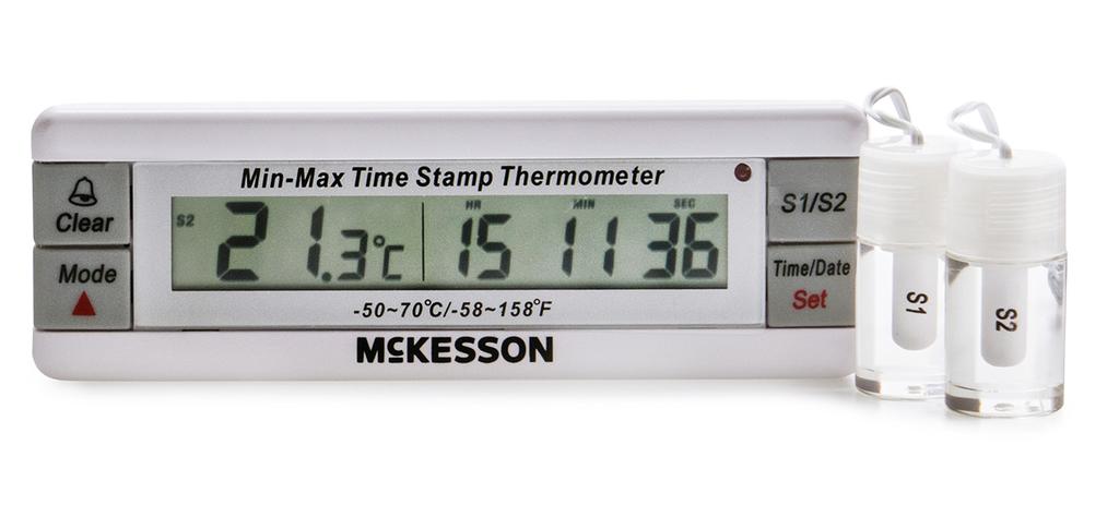 The McKesson versatile fridge/freezer dual channel thermometer records the date and time of the minimum and maximum readings, while independently monitoring user programmable high and low alarms.