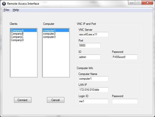 Figure 1 below shows the VNCManager UI with the sampled information. Figure 1 Sample VNC Manager UI The VNCMgrComany is similar to the VNCManager but will not have the Client column.