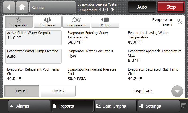 The Reports screen contains the following buttons: Custom Report1 Custom Report2 Custom Report3 Evaporator Condenser Compressor Motor About Operating Modes Log Sheet ASHRAE Chiller Log Each button