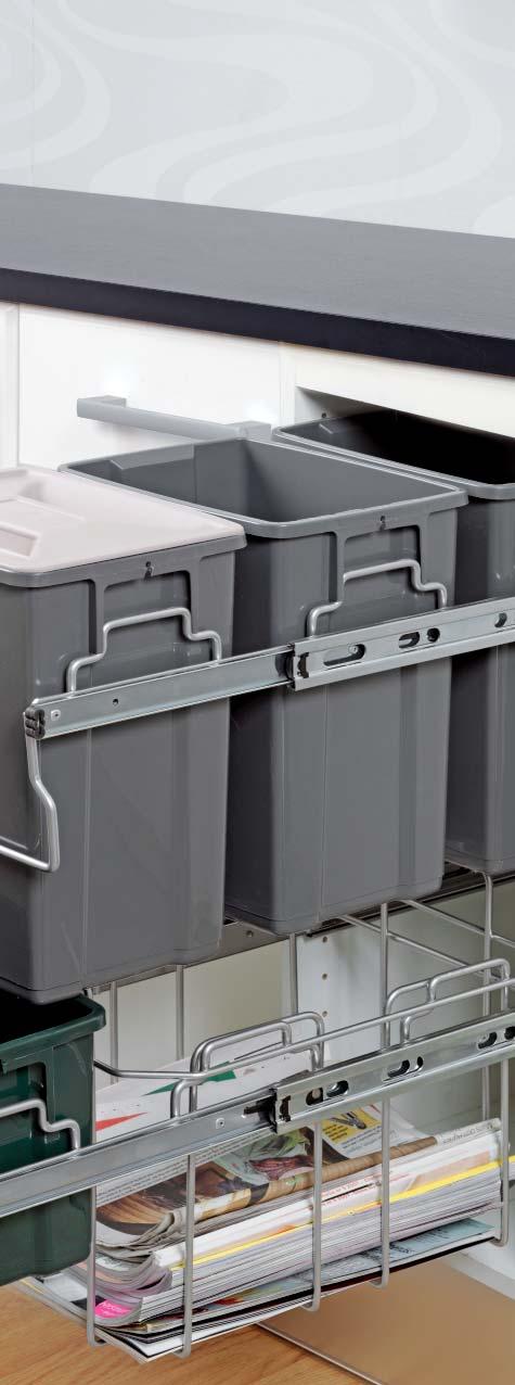 Can be equipped with only bins or bins in combination with a basket for newspaper.