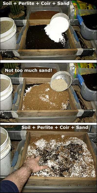 Making cactus potting soil Basic: 50% commercial potting mix + 50% perlite. Purchase from your local garden center. You can use small crushed rock - like 1/4 inch to 1/2 inch size.