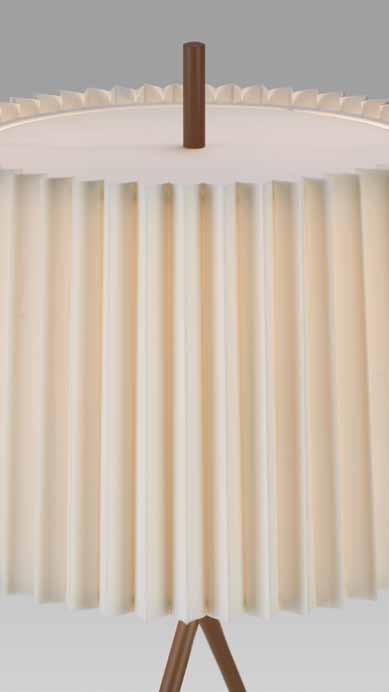 A pleated silken shade suspends near the top of this steel column, which is painstakingly finished in light and dark gray or brown matte lacquers.