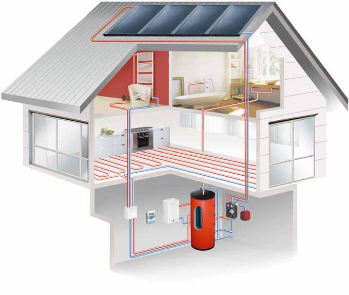 D.H.W. production and heating integration for floor heating systems 1 4 8 5 7 2 The scheme proposes, as an example, a possible installation for the D.H.W. production and heating integration, with: solar system, boiler, and floor heating system.