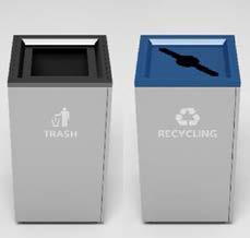 trash, co-mingle opening for recycling; Dark gray body and top for trash; Dark gray body and navy top for recycling; Trash and recycling pictograms