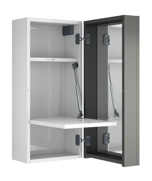 doors Four door shelves Two top door trays Two inner storage compartments Integrated ceramic basin (tap and waste not ) Includes two optional legs for extra stability Matching beauty station