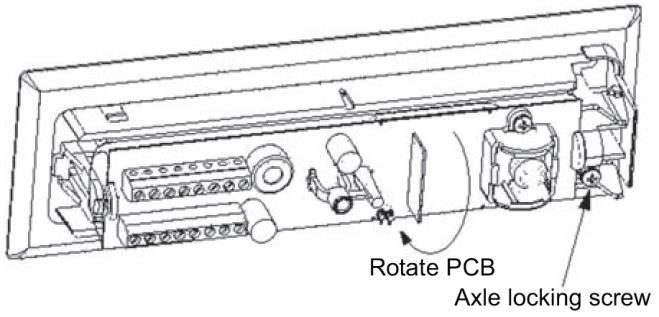 To adjust the PIR detection pattern toward or away from the door opening, do the following: 1. Open the sensor cover; see Figure 1: Open the cover on page 1 and loosen the PCB axle screw (Figure 11).