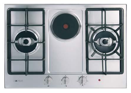 GAS HOBS VIENNA SERIES Price: 17,000.- Special: 12,500.- HH-721GES Cat. No. 536.06.103 Material: Stainless steel Burners: 2 Gas burners, 1 Electric hot plate 2 x Triple ring burner (4.