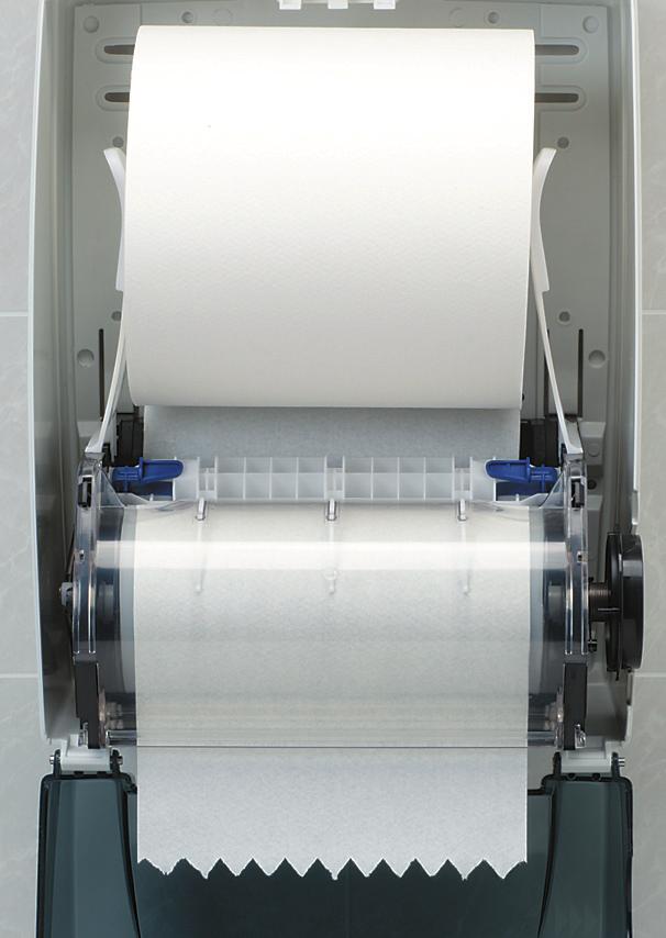 The unique towel transfer mechanism allows for full use of the stub roll, so the dispenser never runs out of paper.