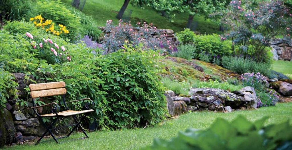 Perennials surround the house, providing color, texture, and variety in every season. The garden landscape was planted to add grace and beauty to the existing rocky ledges, says Samimi- Urich.