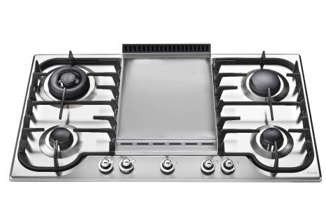 Range cookers Built-in appliances Built-in hobs Hoods Dimensions 90cm Milano Gas Hob - Fry Top 8mm thick stainless steel Fry Top Cast-iron pan supports Burner specifications Unique