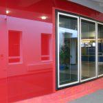 Raspberry red glass wall panels