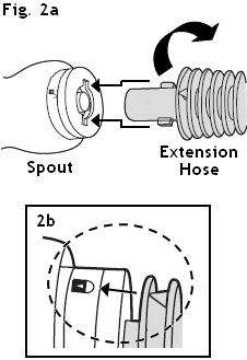 Push the Extension Hose in while turning it clockwise until the arrow on the Extension Hose aligns with the locked symbol on the Spout of the Water Tank (see Fig. 2b). b.