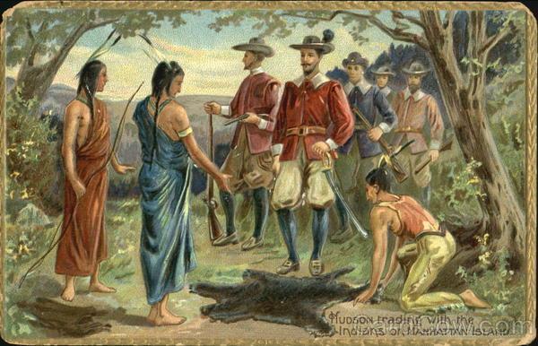 A painting depicting Peter Minuit and his Dutch