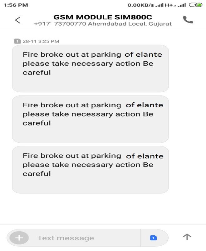 Figure 5.4: Message alert to fire brigade. VI. CONCLUSIONS The proposed project is a low cost, intelligent and easy to install fire response system in parking Area.