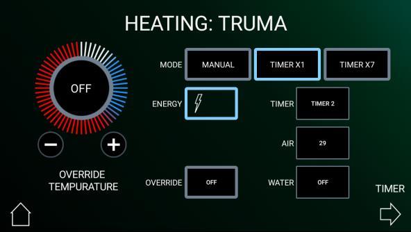 Here you can control the heating system, select energy and temperature levels, and by pressing the right arrow button you can set related timers.