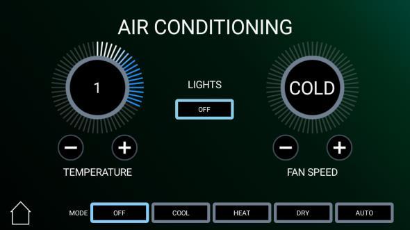 The air-conditioning button takes you to the aircon control and information screen. Here you can select the operating mode, set the cooling setting and view the temperature status.