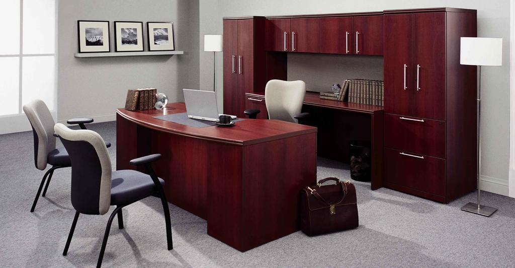 SHOWN: WORKSURFACE AND STORAGE IN AVANT CHERRY (W357HP / W357LP) WITH BURGUNDY
