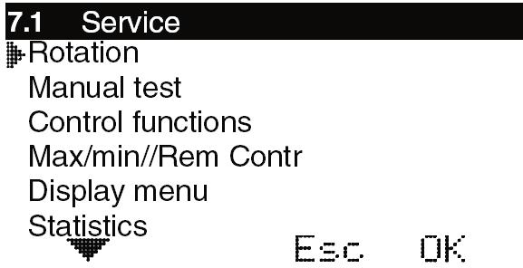 Menu 7 - Service USER GUIDE O The following options are available in this menu. The arrow along the left edge shows which menu has been selected. 7.1 Rotation Setting for the direction of rotation clockwise or anti-clockwise opening.