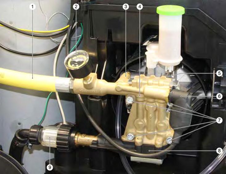 5.18 High pressure system HDS 5/12 1 SDS hose 2 Manometer 3 Detergent injector 4 Pump head 5 Safety valve 6 ON/OFF pressure