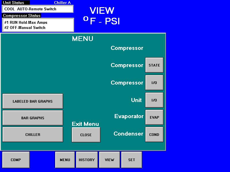 For example, pressing the Compressor STATE, Compressor I/O, Unit I/O, EVAP, or COND buttons will display the same information as what is available from the Detail View