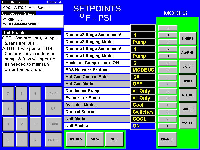 MODES Setpoints Figure 51: MODES Setpoint Screen NOTE: Grayed out setpoints do not apply to this model chiller. Table 13: MODES Setpoint Settings Description No.