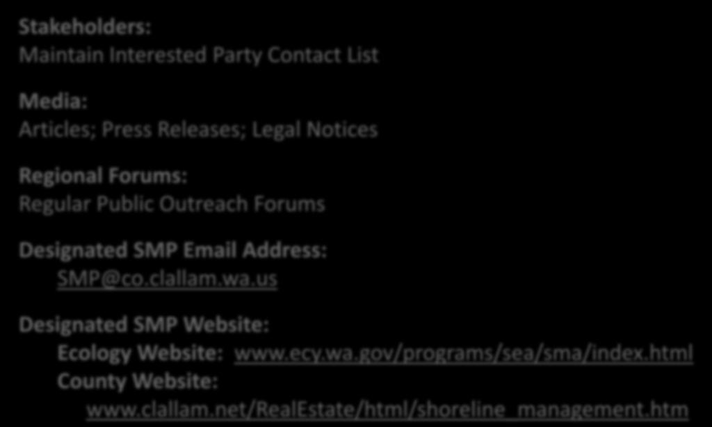Public Participation Stakeholders: Maintain Interested Party Contact List Morse Creek, 2009 Media: