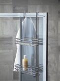 Chrome. 2. Shower caddy, removable with two trays and towel hooks. Chrome.