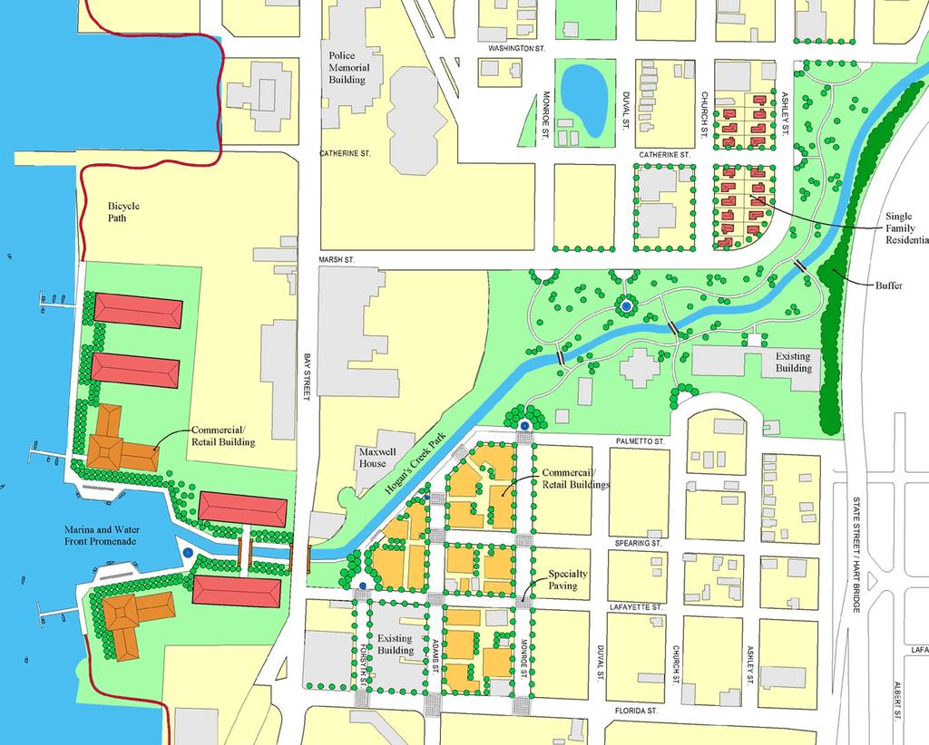 DOWNTOWN JACKSONVILLE MASTER PLAN H O G A N S C R E E K 38 The Hogan s Creek legacy project will provide an unobstructed pedestrian and bicycle path along the creek through an informal park, linking