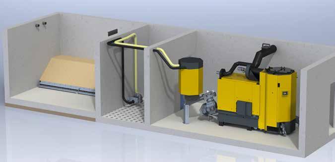 flexibility in the location of pellet store and boiler room. Distances of up to 20 m and heights up to 3 m can be overcome with a pair of suction and back air hoses.