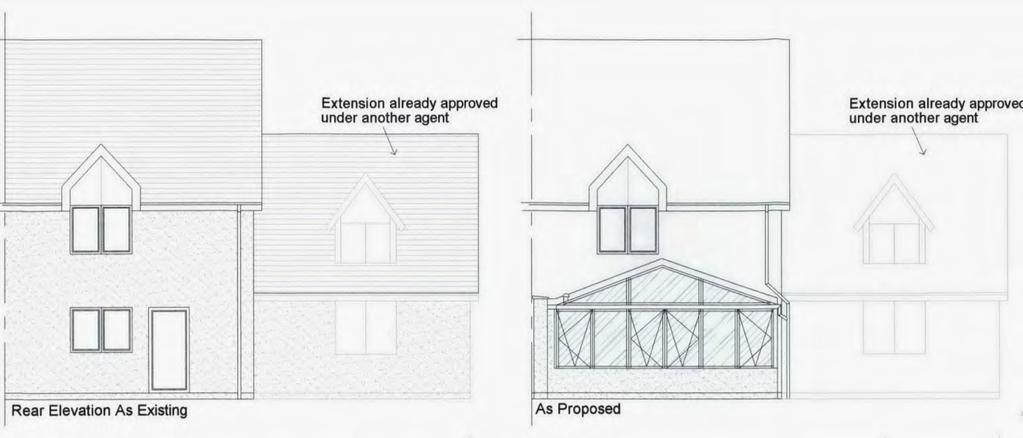 Proposed new extension KEY POINTS : Small conservatory extension proposed to the rear of a relatively recently constructed semi detached dwelling; The drawings also show an extension which was