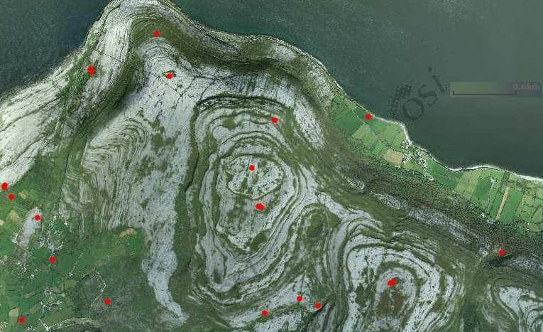 Figure 2. Aerial view of Murrooghkilly Cairn and other archaeological monuments in vicinity indicated by the red dots (after www.archaeology.ie with amendments). 1.
