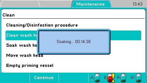 Operating the Instrument Maintenance menu 5. Press the F2 key to stop the soaking if you want a shorter soak time than than the set soak time and to continue the procedure.