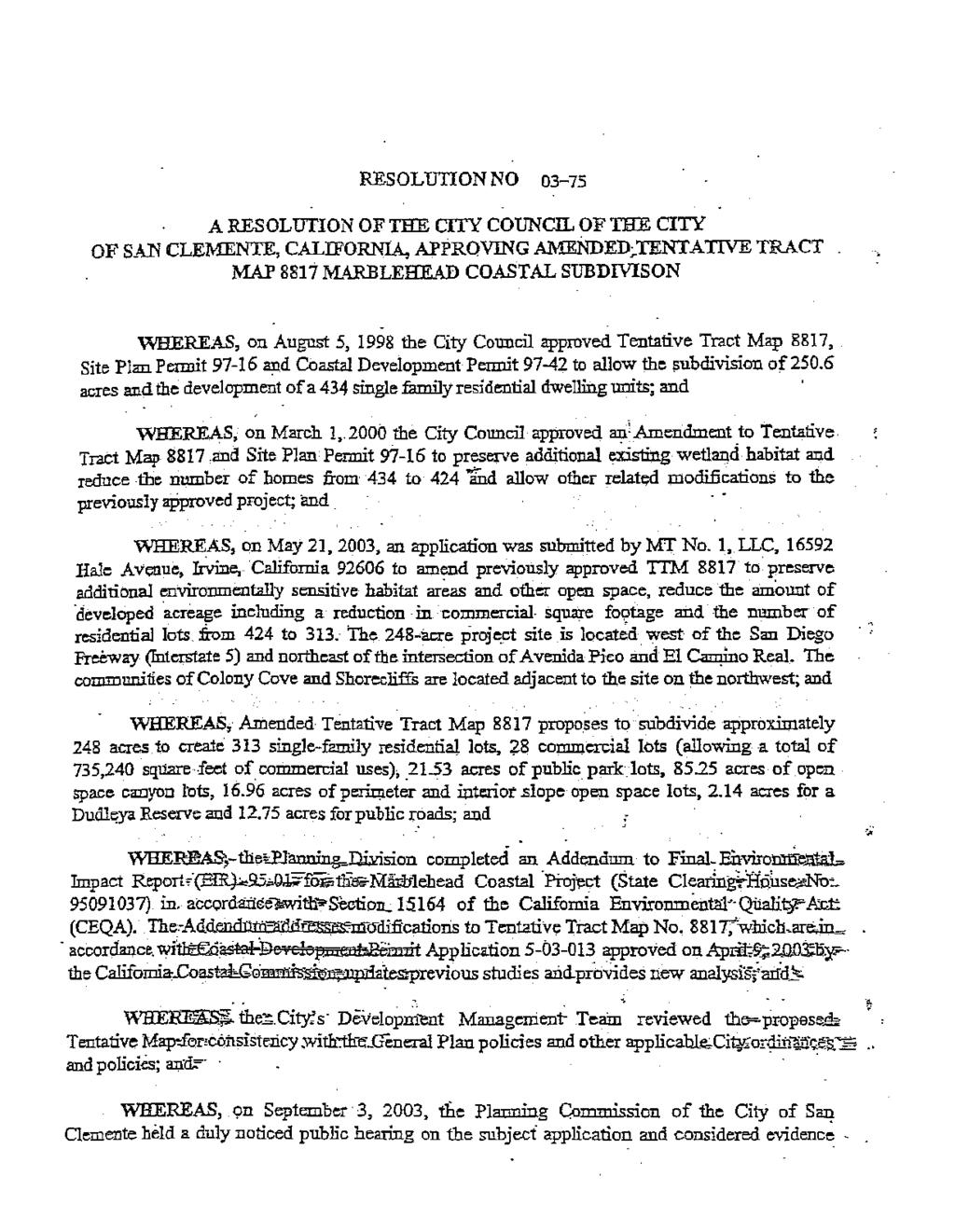 RESOLUTION NO 03-75 A RESOLUTION OF THE CITY COUNCIL OF THE CITY OF S_..\.