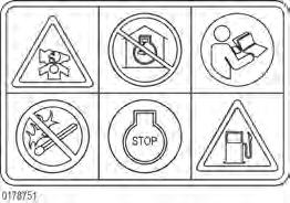 Read the Operator s Manual. No sparks, flames, or burning objects near the machine. Stop the engine before refueling.