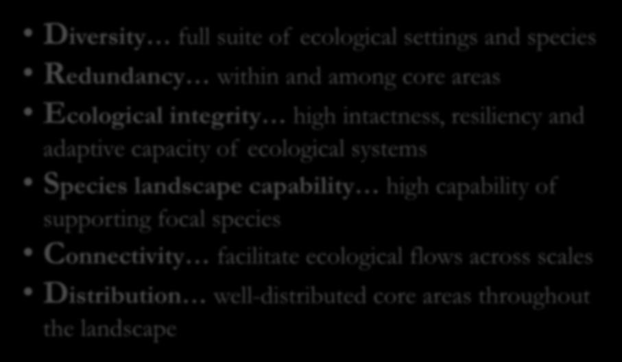 Design Criteria: Diversity full suite of ecological settings and species Redundancy within and among core areas Ecological integrity high intactness, resiliency and adaptive capacity of ecological