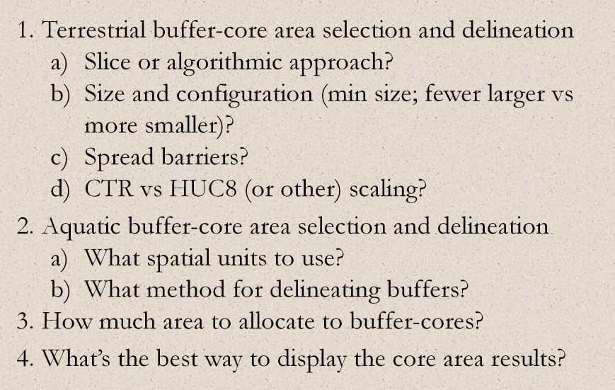 Key Decisions: 1. Terrestrial buffer-core area selection and delineation a) Slice or algorithmic approach?