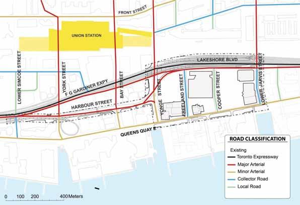 Waterfront Toronto / Perkins + Will Lower Yonge Transportation Master Plan Environmental Assessment Figure 11 - Road Classifications The study area s existing lane configuration and road